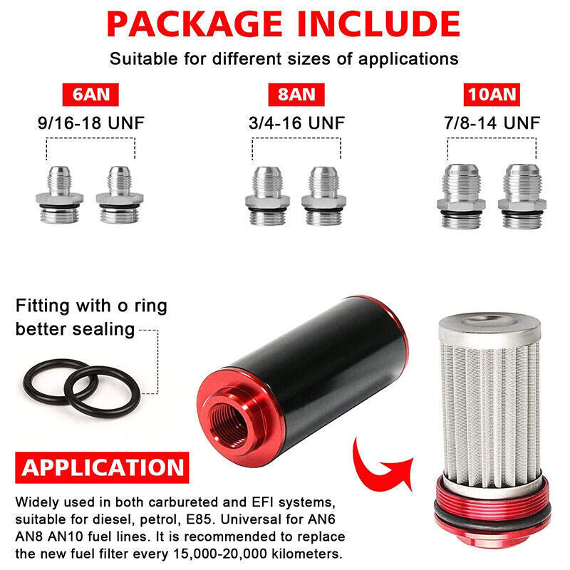 DURAFORCE High Flow Inline Fuel Filter 30 Micron Cleanable with AN6 AN8 AN10 Adapter