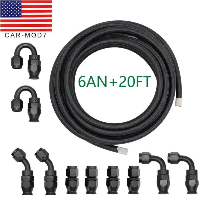 DURAFORCE 6AN Nylon E85 PTFE Fuel Line Hose Kit 20ft with 10 Fittings Black