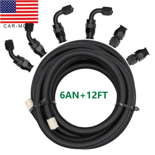 DURAFORCE 6AN Black Nylon PTFE Fuel Line Hose Kit 12ft 6 Fittings E85 Compatible