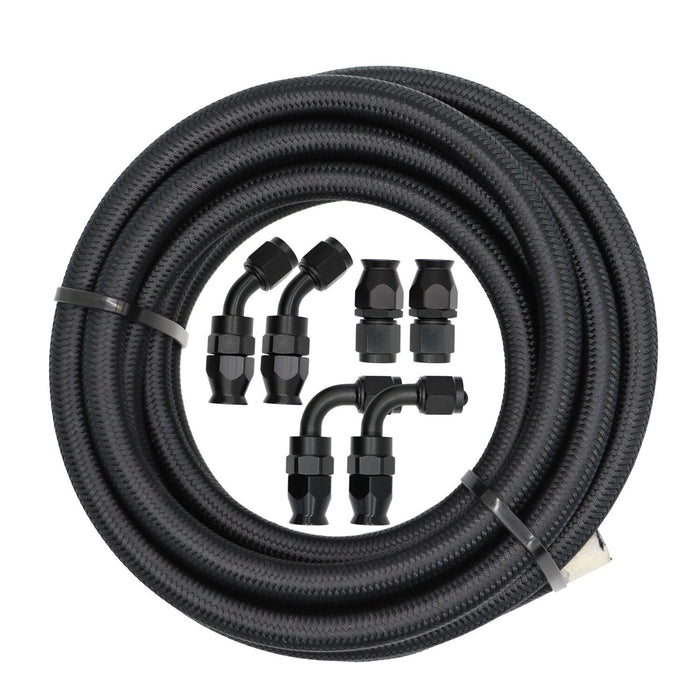 DURAFORCE 6AN Black Nylon PTFE Fuel Line Hose Kit 12ft 6 Fittings E85 Compatible