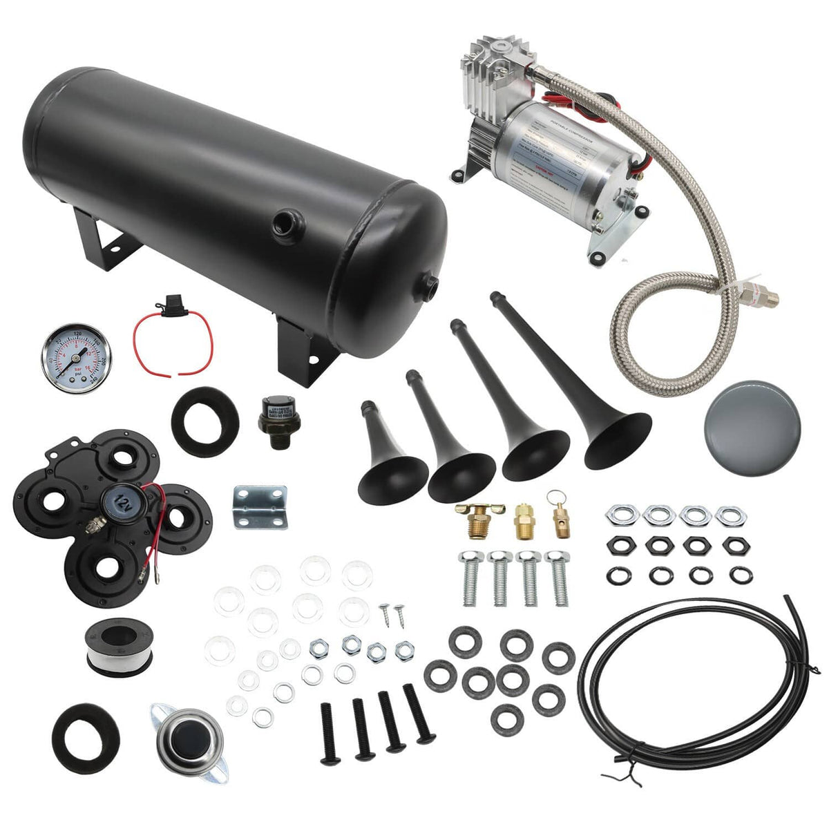 Truck Car Air Tank 1.5G 150psi 4 Trumpets Loud Train Horn Kit System ...
