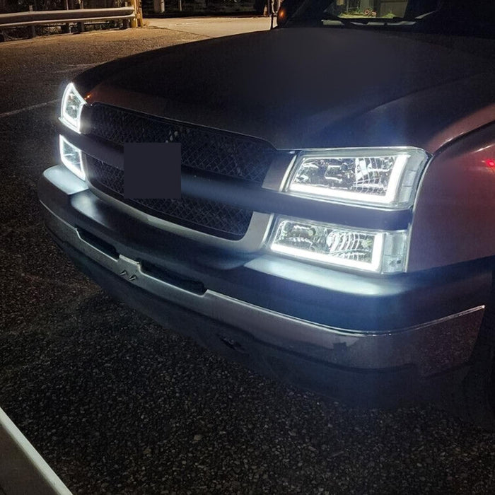 DURAFORCE For 03-07 Chevy Silverado Avalanche Headlights Bumper Lamps Chrome W/LED DRL Set