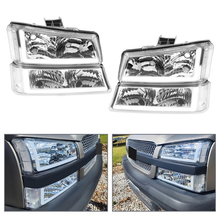 DURAFORCE For 03-07 Chevy Silverado Avalanche Headlights Bumper Lamps Chrome W/LED DRL Set