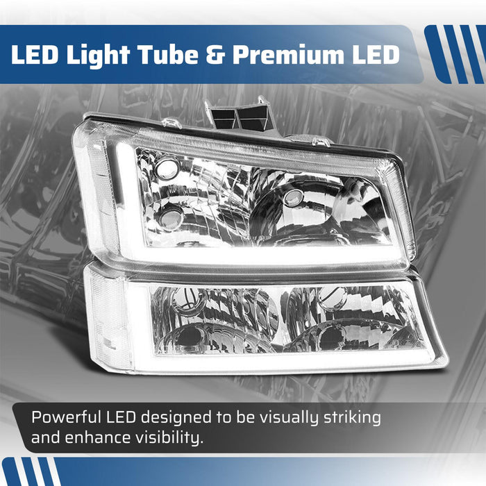 DURAFORCE For 03-07 Chevy Silverado Avalanche Headlights Bumper Lamps Chrome W/LED DRL Set