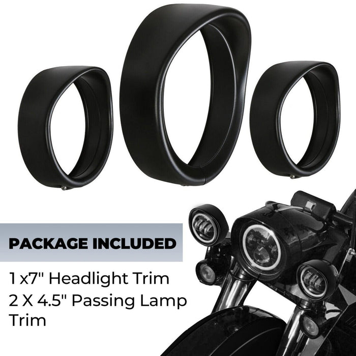DURAFORCE 7" Headlight 4.5" Fog Lamp Visor Trim Ring Bezel For Harley Touring Softail