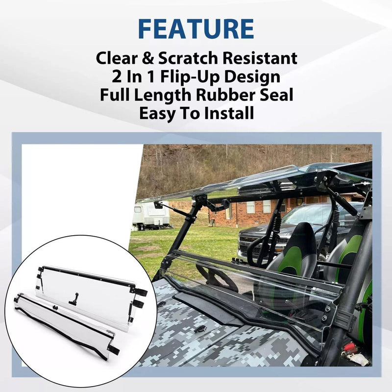DURAFORCE Folding Flip Windshield Scratch Resistant For Kawasaki Teryx 4 800/ 4 S ,2016-23