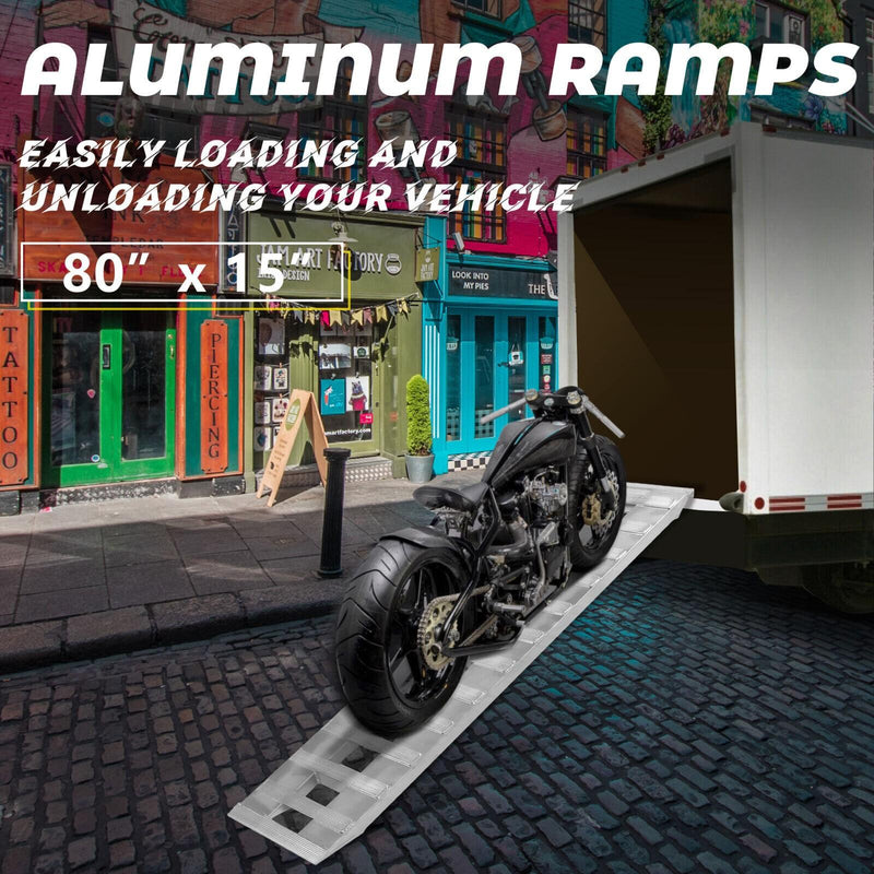 DURAFORCE 80"×15" Aluminum Ramps 2 Pcs 6000Lbs Car Trailer Truck Hook End Knife 1 Pair