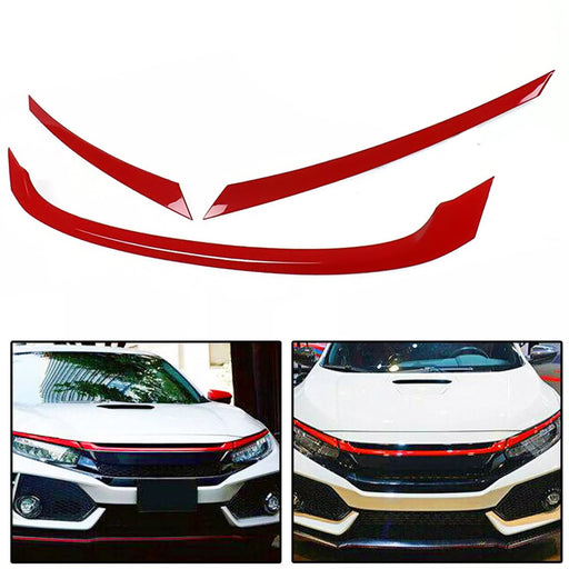 DURAFORCE FOR 2016-2021 HONDA CIVIC JDM GLOSSY RED ABS FRONT GRILL TRIM COVER GARNISH- 3PC