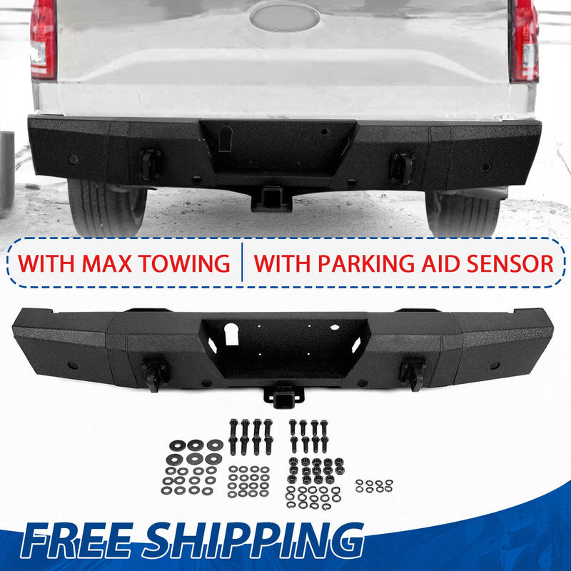 DURAFORCE Rear Bumper Heavy Duty Steel For Ford F150 15-20 W/ TOW HITCH & Sensor Holes