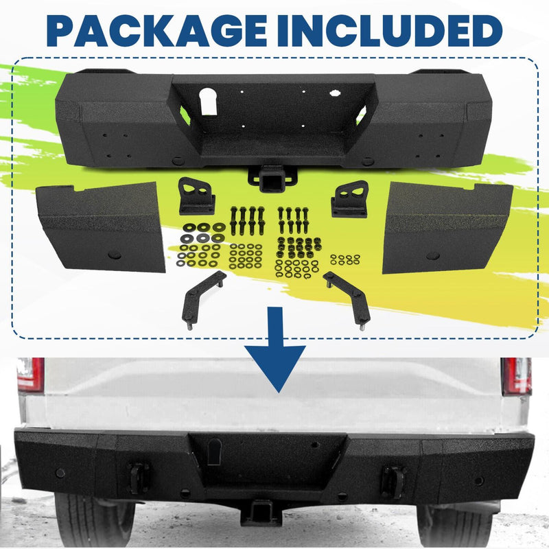 DURAFORCE Rear Bumper Heavy Duty Steel For Ford F150 15-20 W/ TOW HITCH & Sensor Holes