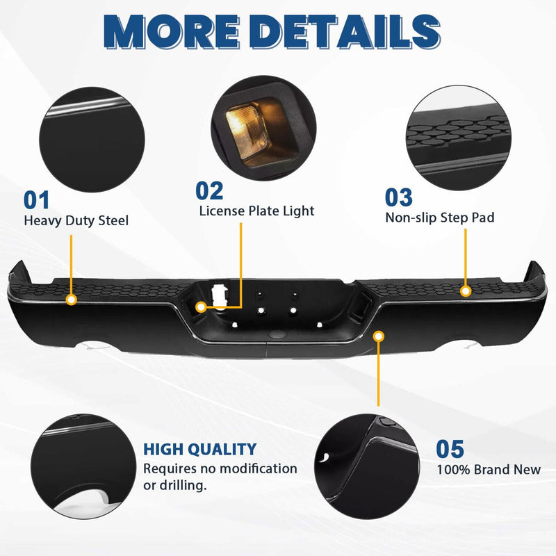 DURAFORCE Gloss Black Rear Bumper For 09-18 Dodge Ram 1500 w/Dual Exhaust w/o Sensor Holes