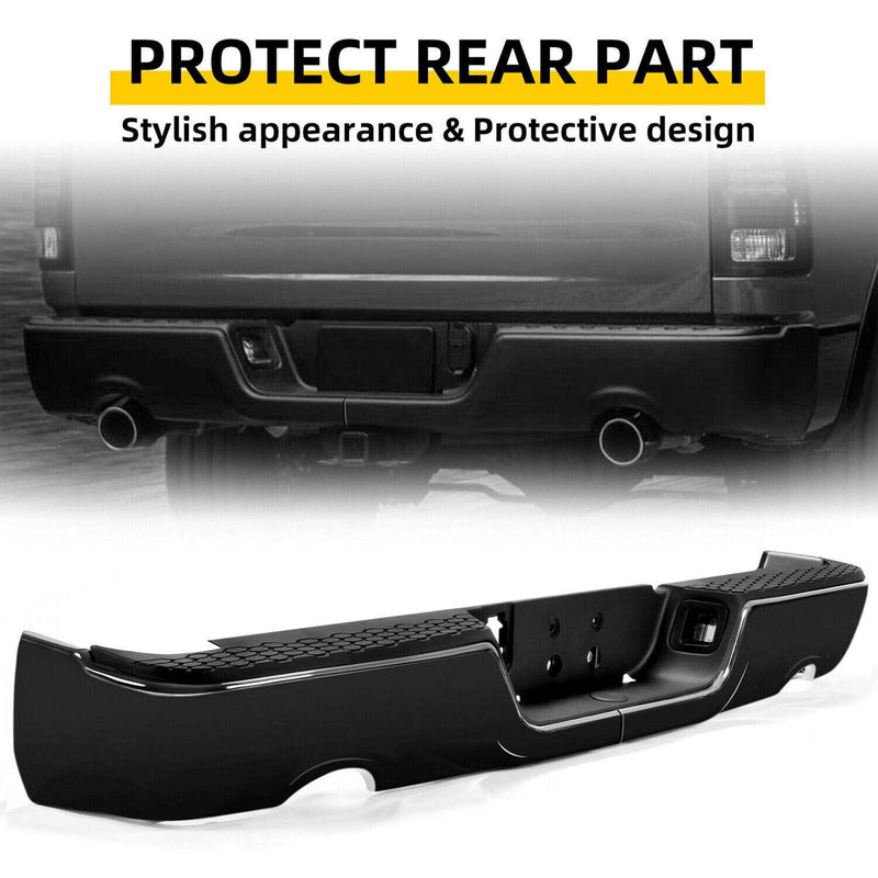 DURAFORCE Gloss Black Rear Bumper For 09-18 Dodge Ram 1500 w/Dual Exhaust w/o Sensor Holes