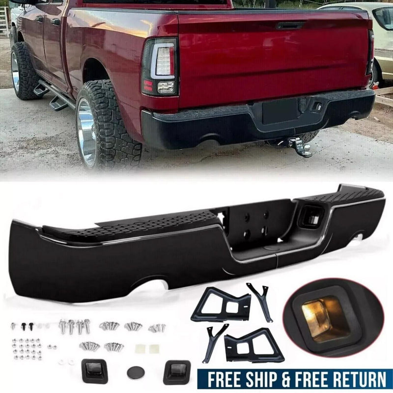 DURAFORCE Gloss Black Rear Bumper For 09-18 Dodge Ram 1500 w/Dual Exhaust w/o Sensor Holes