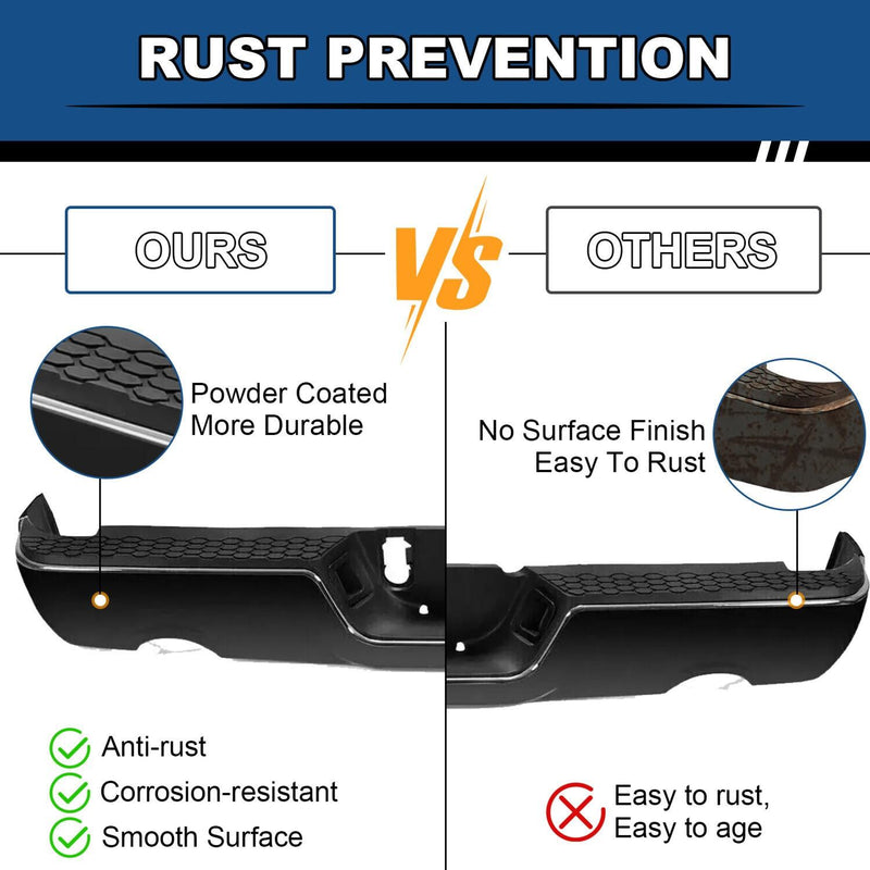 DURAFORCE Gloss Black Rear Bumper For 09-18 Dodge Ram 1500 w/Dual Exhaust w/o Sensor Holes