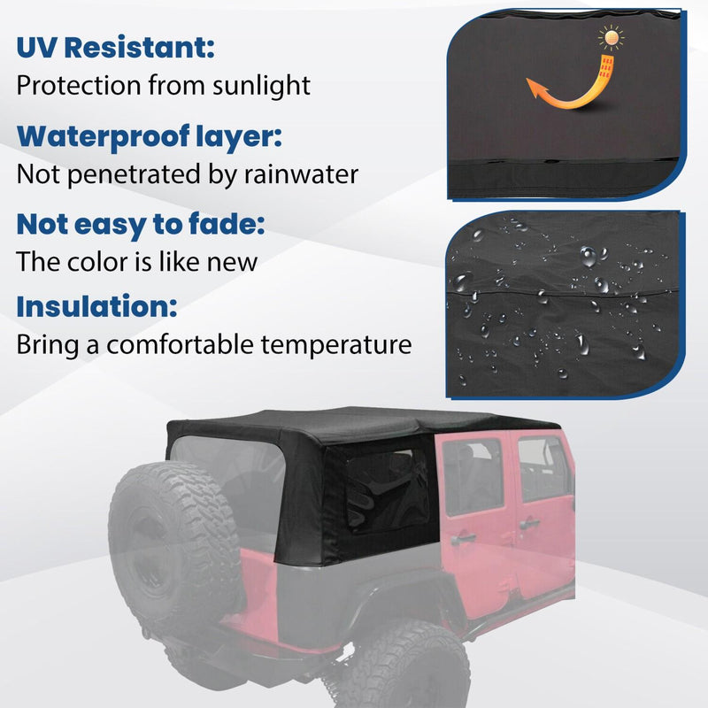 DURAFORCE For 2007-2009 JEEP WRANGLER JK SOFT TOP Black 4 DOOR w/Tinted Windows