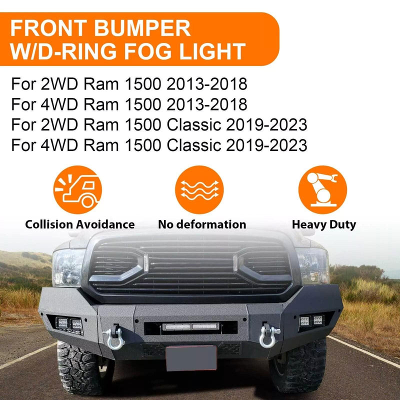DURAFORCE For Ram 2/4WD 1500 Classic 13-2023 20 Heavy Duty Front Bumper W/D-Ring Fog Light