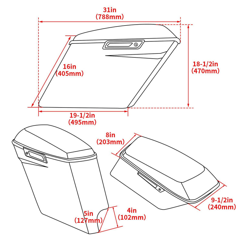 DURAFORCE Vivid Black Stretched Extended Hard Saddlebags For 14-24 Harley Road King Glide