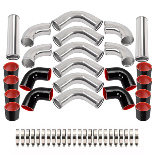 DURAFORCE 12Pcs 3" DIY Universal Polished Turbo Intercooler Pipe Kit Aluminum +Hose+Clamp