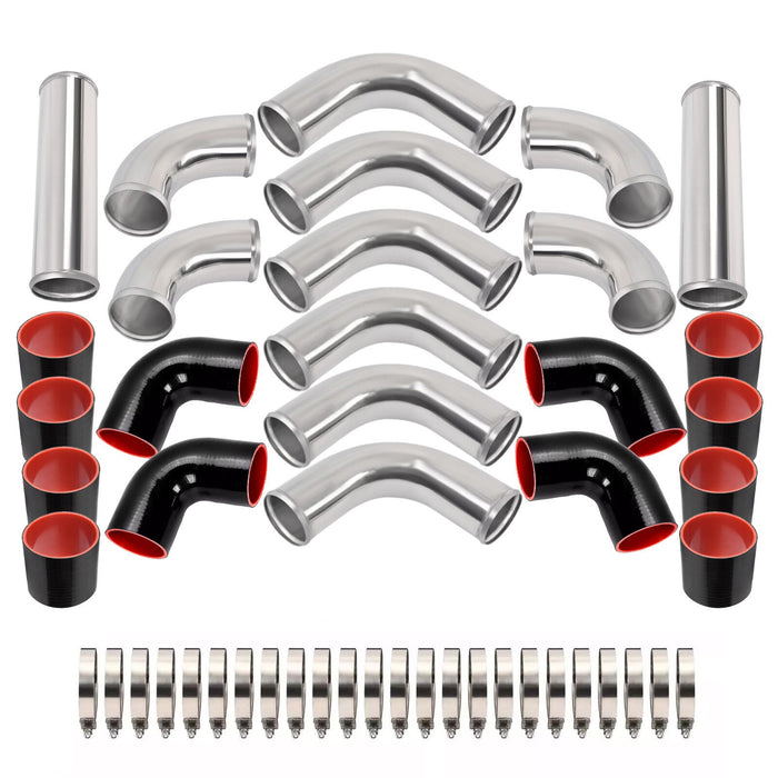 DURAFORCE 12Pcs 3" DIY Universal Polished Turbo Intercooler Pipe Kit Aluminum +Hose+Clamp
