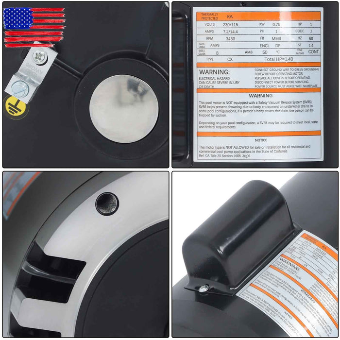 DURAFORCE B128 C-Face Single Speed 1HP Full Rated 56J Pool Pump Motor 115/230V