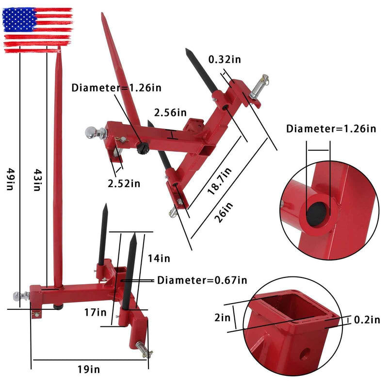 DURAFORCE 3 Point 49" Hay Bale Spear Trailer Hitch Receiver Cat 1 Tractor Lift Capacity
