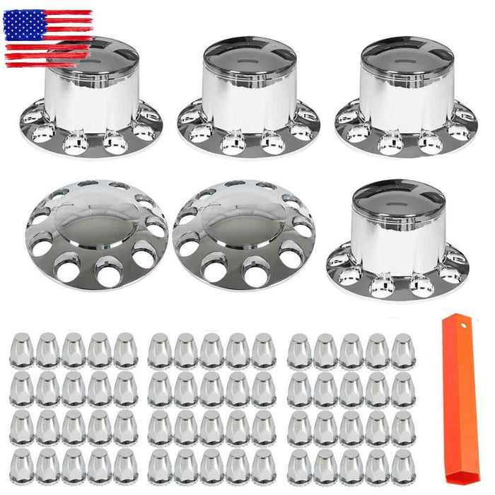 DURAFORCE 33mm Lug Front + Rear Complete Chrome Hub Cover Semi Truck Wheel Kit Axle Cover
