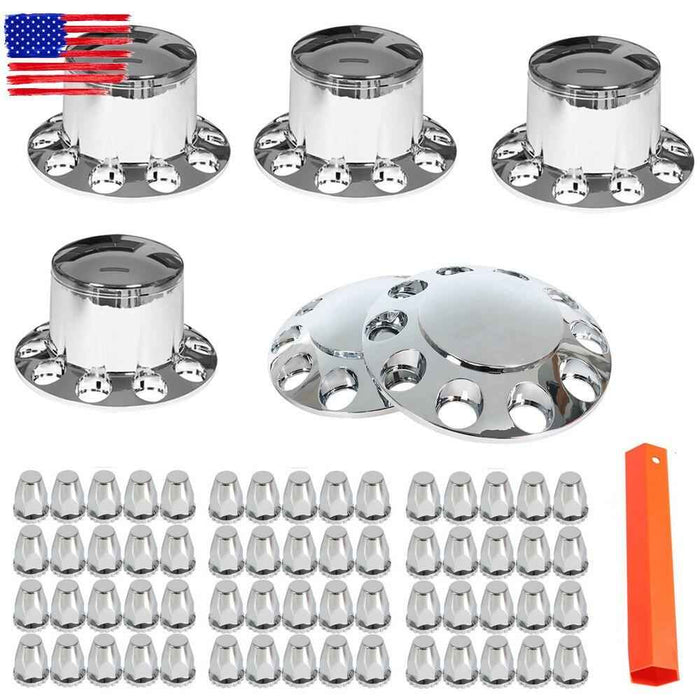 DURAFORCE 33mm Lug Front + Rear Complete Chrome Hub Cover Semi Truck Wheel Kit Axle Cover