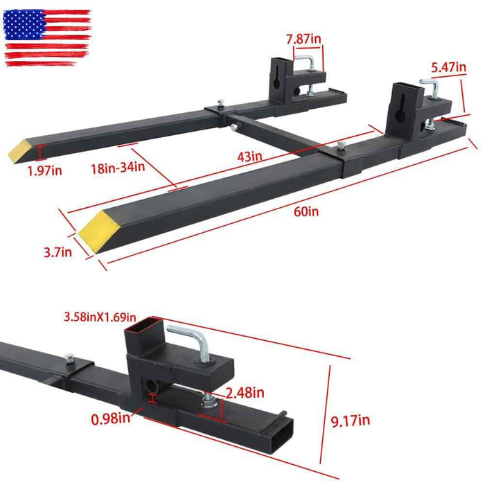 DURAFORCE 4000Lbs 60" Tractor Clamp On Pallet Forks Bucket Quick Attach W/ Stabilizer Bar