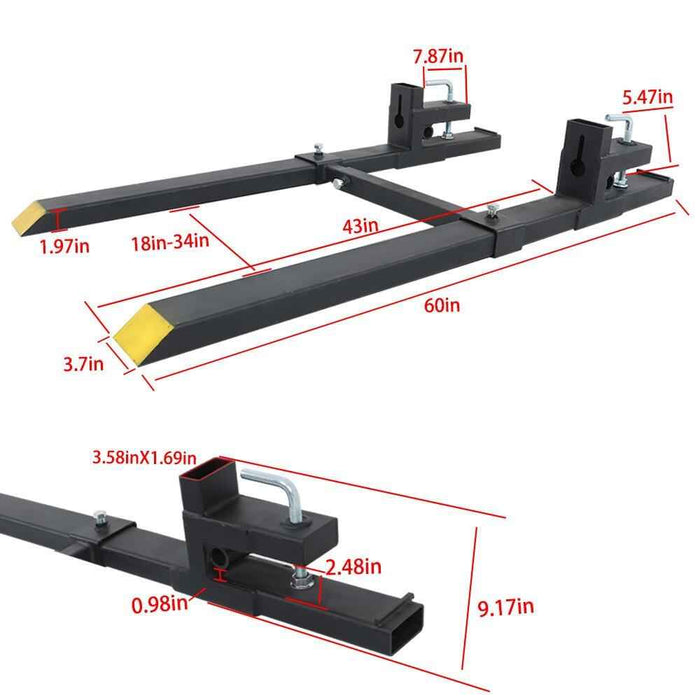 DURAFORCE Quick Attach 4000Lbs 60" Tractor Clamp On Pallet Forks Bucket W/ Stabilizer Bar