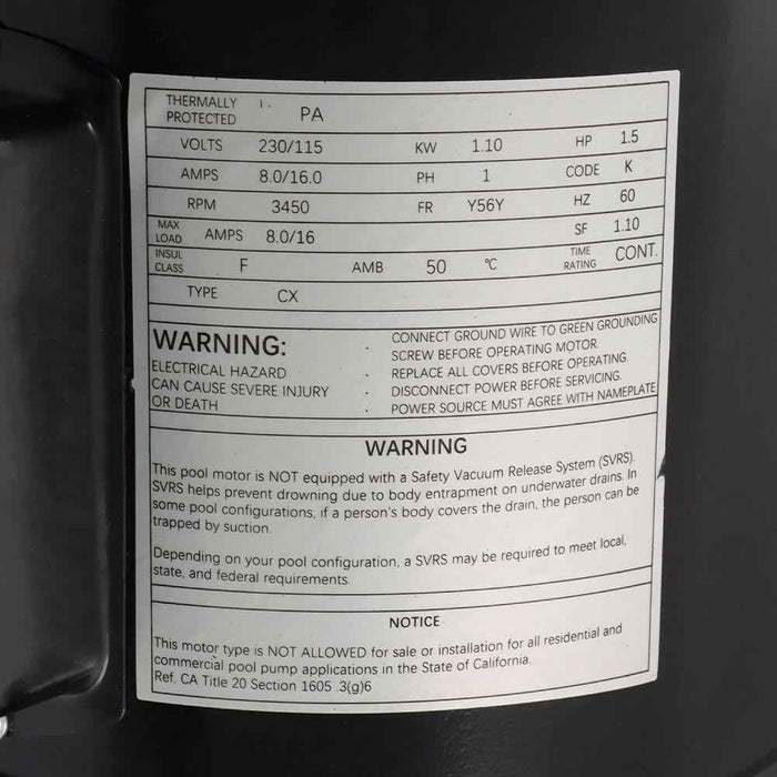 DURAFORCE B2854 B2854V1 115/230V 1.5HP Square Flange Replacement Motor Pool Pump Motor