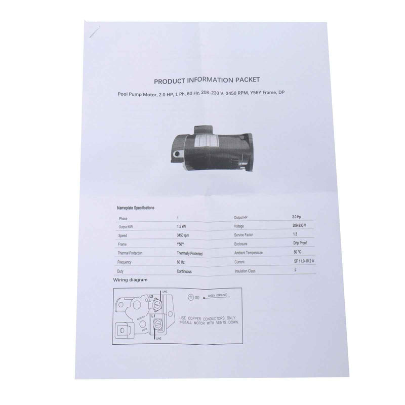 DURAFORCE 2 HP Single Speed Electric Pool Pump 3450RPM 230V Square Flange Pool Motor B2843