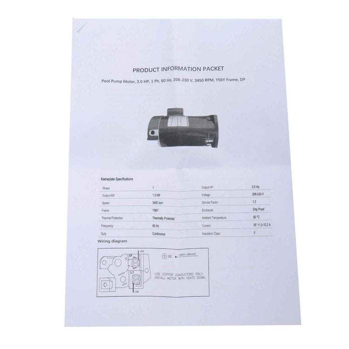 DURAFORCE 2 HP Single Speed Electric Pool Pump 3450RPM 230V Square Flange Pool Motor B2843