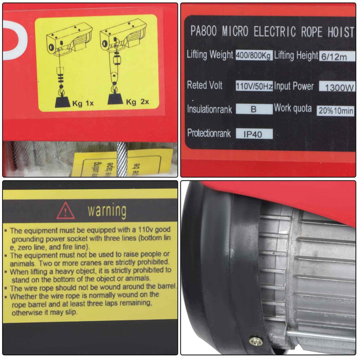 DURAFORCE 1350W Mini Electric Hoist 1760lbs Crane Winch with Wired Remote Control 110V