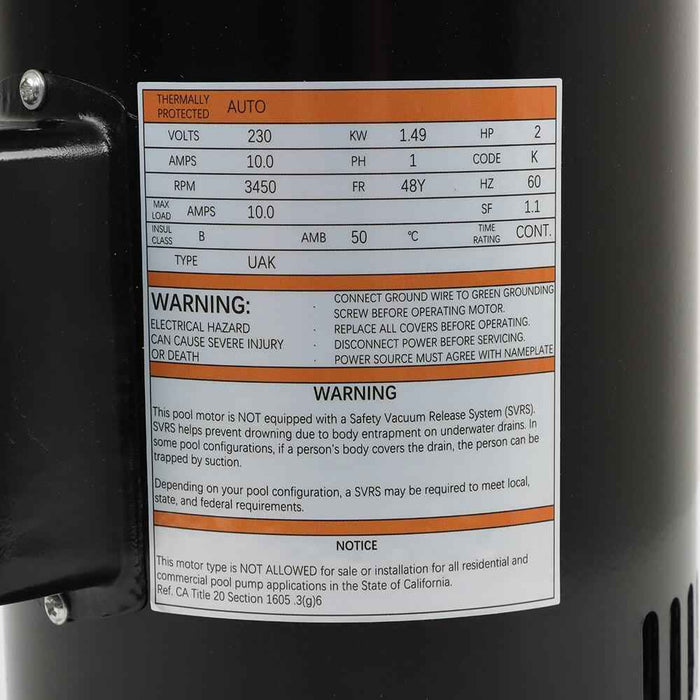 DURAFORCE USQ1202 Square Flange Pool Motor 2 HP 3450 RPM 48Y Frame