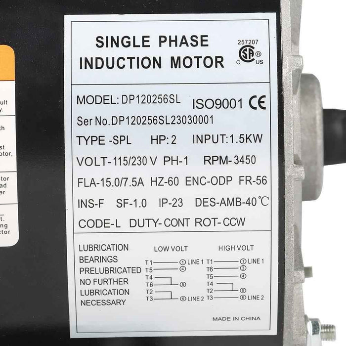 DURAFORCE 115/230V 56 Frame Compressor Duty 2 HP SPL Single Phase Electric Motor 3450 RPM