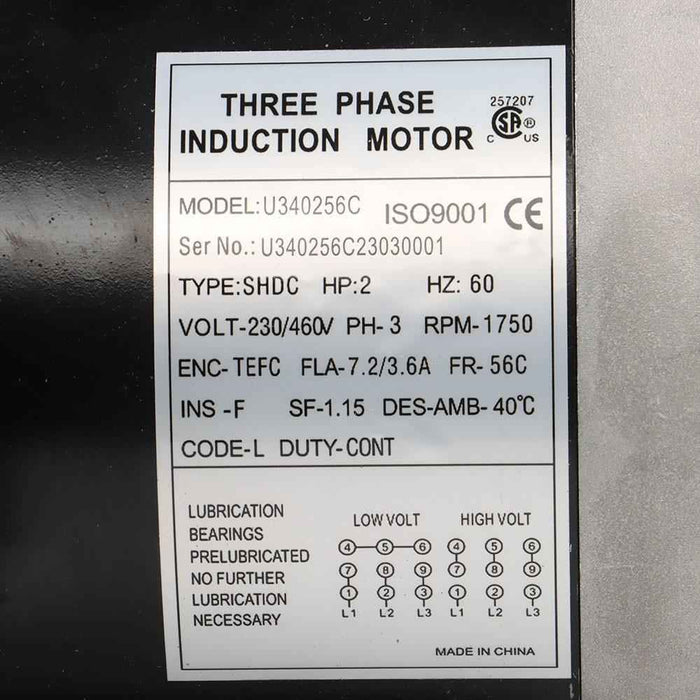 DURAFORCE Electric Motor 2 HP 3 Phase 56C Frame 1800 RPM TEFC 230 / 460 Volt