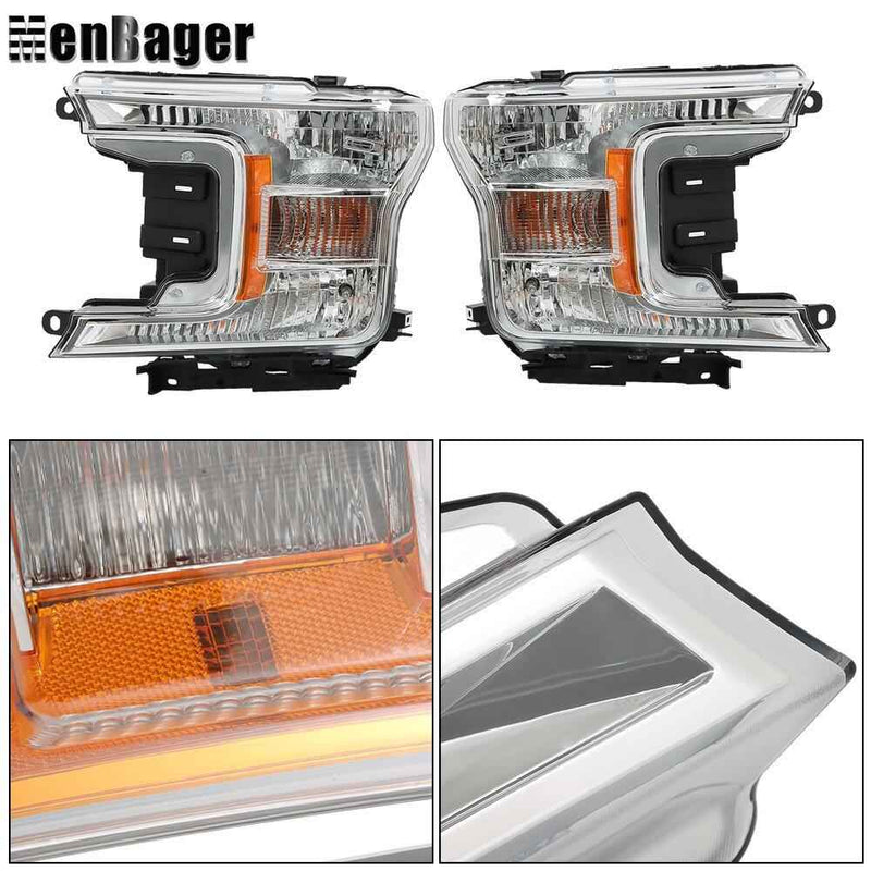 DURAFORCE Headlamps Clear Lens Halogen Fit For 2018 2019 2020 Ford F-150 LH+RH Headlights