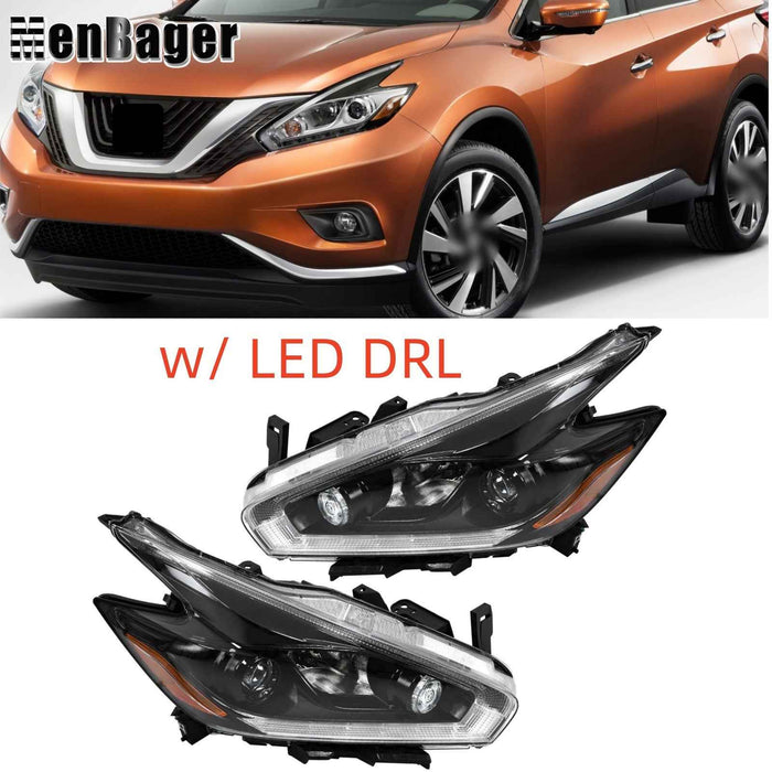 DURAFORCE For 2015 2016 2017 18 Nissan Murano Black Pair Headlights w/LED DRL Halogen Lamp