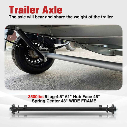 DURAFORCE 3.5K Trailer Axle 3500 lbs 5 lug 61" Hub Face 46" Spring Center 48" Wide Frame