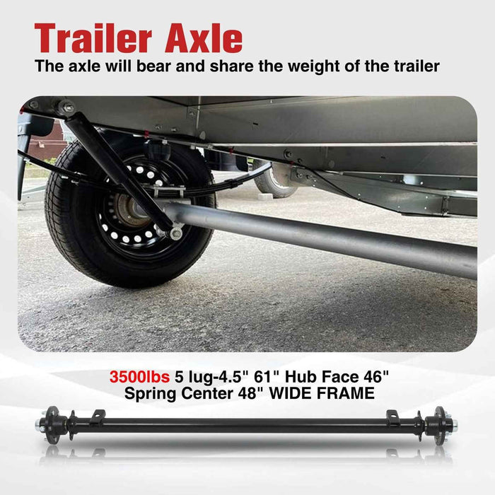 DURAFORCE 3.5K Trailer Axle 3500 lbs 5 lug 61" Hub Face 46" Spring Center 48" Wide Frame