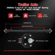 DURAFORCE 3.5K Trailer Axle 3500 lbs 5 lug 61" Hub Face 46" Spring Center 48" Wide Frame