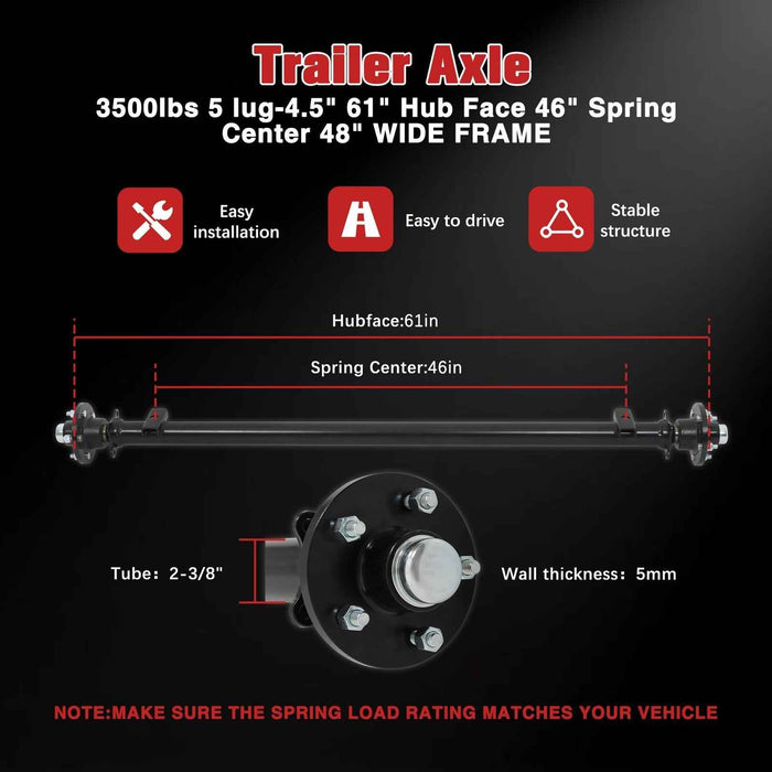 DURAFORCE 3.5K Trailer Axle 3500 lbs 5 lug 61" Hub Face 46" Spring Center 48" Wide Frame