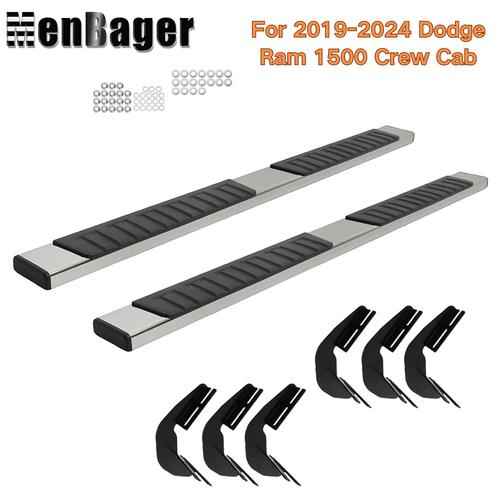 DURAFORCE Black Silver Side Steps Running Boards 6" For 2019-2024 Dodge Ram 1500 Crew Cab