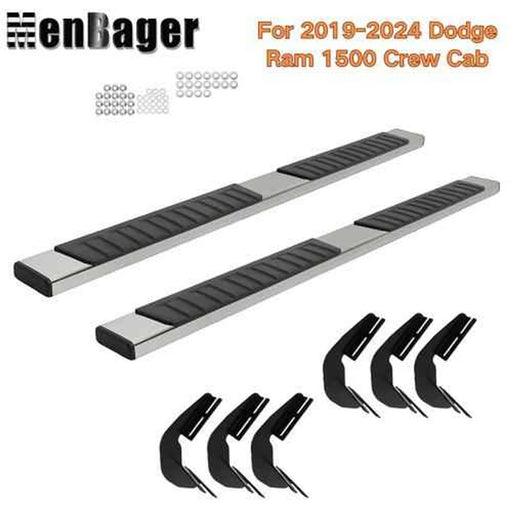 DURAFORCE Black Silver Side Steps Running Boards 6" For 2019-2024 Dodge Ram 1500 Crew Cab