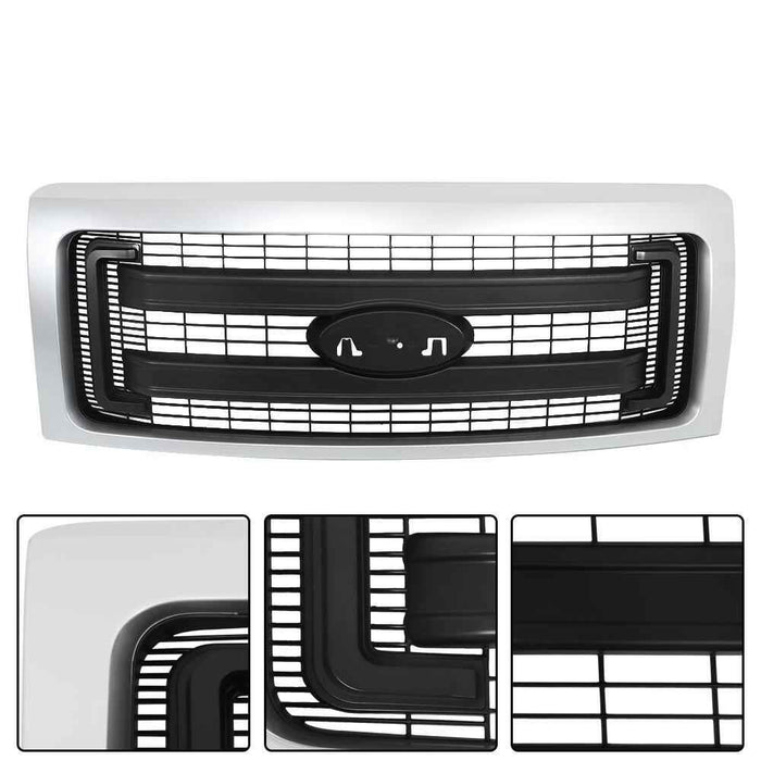 DURAFORCE For 2009-2014 Ford F150 Front Upper Grille Silver Black Grill DL3Z-8200-CPTM