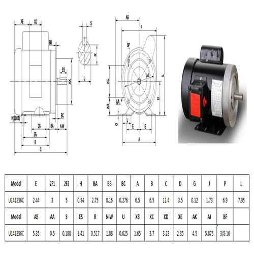 DURAFORCE General Purpose Electric Motor 1/2HP 56C 1750RPM 1 Phase TEFC 60HZ 1.88'' Shaft
