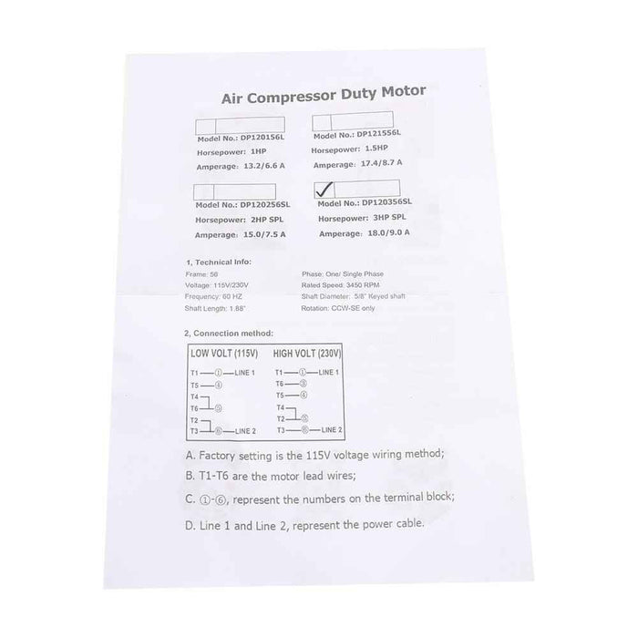 DURAFORCE 3HP 1Phase SPL Air Compressor Electric Motor 3450RPM 56Frame 115/230v 5/8"Shaft