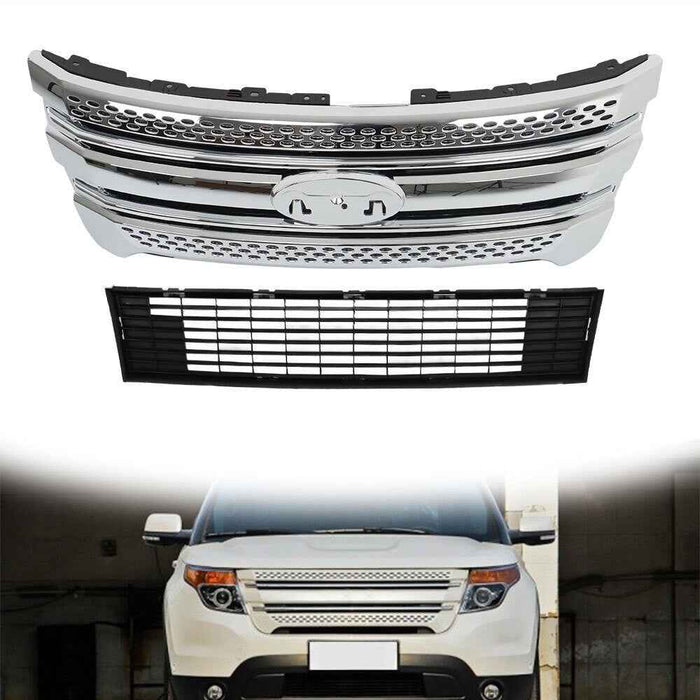 DURAFORCE For Ford Explorer 2011 2012-2015 Lower Grille&Front Upper Chrome Grille Assembly
