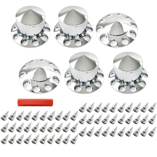 DURAFORCE Chrome Hub Cover Kit 33mm Axle Covers Spiked Front & Rear Semi Truck Wheel