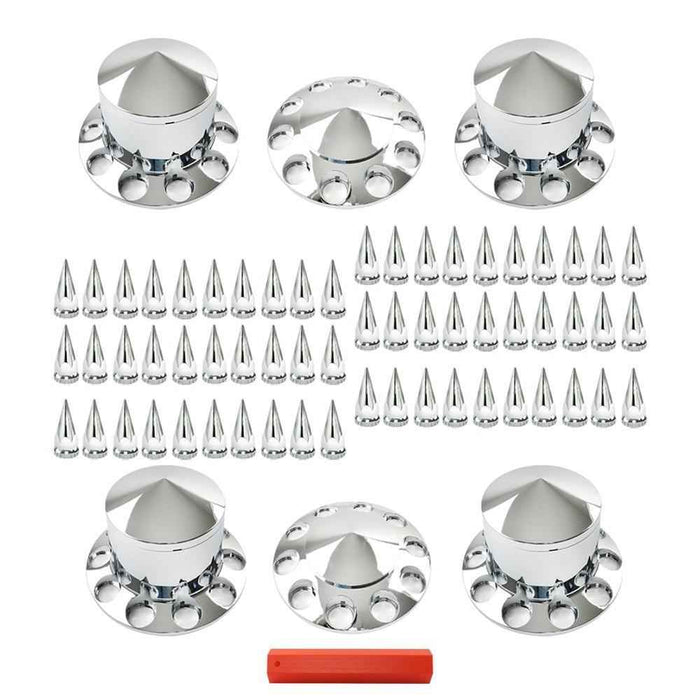 DURAFORCE Chrome Hub Cover Kit 33mm Axle Covers Spiked Front & Rear Semi Truck Wheel